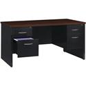 Lorell Fortress Modular Series Double-Pedestal Desk - 60" Width x 30" Depth, x 1.1" Thickness Top - Total Drawer(s): 4 - Double Pedestal - Material: Steel - Finish: Walnut Laminate, Black - Scratch Resistant, Stain Resistant, Ball-bearing Suspension,