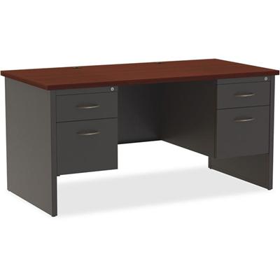 Lorell Fortress Modular Series Double-Pedestal Desk - 60" Width x 30" Depth, x 1.1" Thickness Top - Total Drawer(s): 2 - Double Pedestal - Material: Steel - Finish: Mahogany Laminate, Charcoal - Scratch Resistant, Stain Resistant, Ball-bearing Suspen