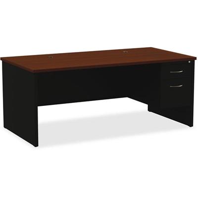 Lorell Fortress Modular Series Right-Pedestal Desk - 72" Width x 36" Depth, x 1.1" Thickness Top - Total Drawer(s): 2 - Single Pedestal on Right Side - Material: Steel - Finish: Walnut Laminate, Black - Scratch Resistant, Stain Resistant, Ball-bearin