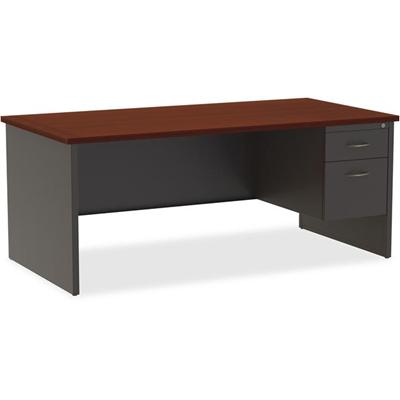 Lorell Fortress Modular Series Right-Pedestal Desk - 72" Width x 36" Depth, x 1.1" Thickness Top - Total Drawer(s): 2 - Single Pedestal on Right Side - Material: Steel - Finish: Mahogany Laminate, Charcoal - Scratch Resistant, Stain Resistant, Ball-b