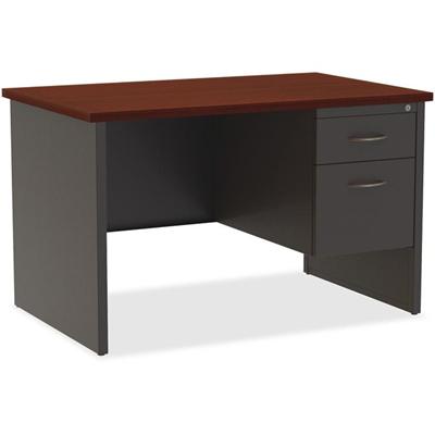 Lorell Fortress Modular Series Right-Pedestal Desk - 48" Width x 30" Depth, x 1.1" Thickness Top - Total Drawer(s): 2 - Single Pedestal on Right Side - Material: Steel - Finish: Mahogany Laminate, Charcoal - Scratch Resistant, Stain Resistant, Ball-b