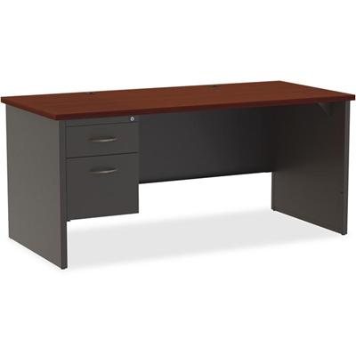 Lorell Fortress Modular Series Left-Pedestal Desk - 66" Width x 30" Depth, x 1.1" Thickness Top - Total Drawer(s): 2 - Single Pedestal on Left Side - Material: Steel - Finish: Mahogany Laminate, Charcoal - Scratch Resistant, Stain Resistant, Ball-bea