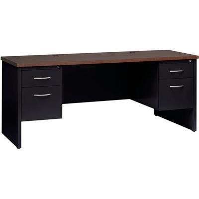 Lorell Walnut Laminate Commercial Steel Double-pedestal Credenza - 2-Drawer - 72" Width x 24" Depth, x 1.1" Thickness Top - Total Drawer(s): 2 - Double Pedestal - Material: Steel - Finish: Walnut Laminate, Black - Scratch Resistant, Stain Resistant, 