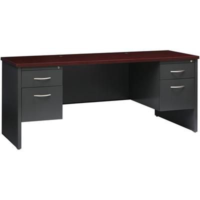 Lorell Fortress Modular Series Double-pedestal Credenza - 72" Width x 24" Depth, x 1.1" Thickness Top - Total Drawer(s): 2 - Double Pedestal - Material: Steel - Finish: Mahogany Laminate, Charcoal - Scratch Resistant, Stain Resistant, Ball-bearing Su