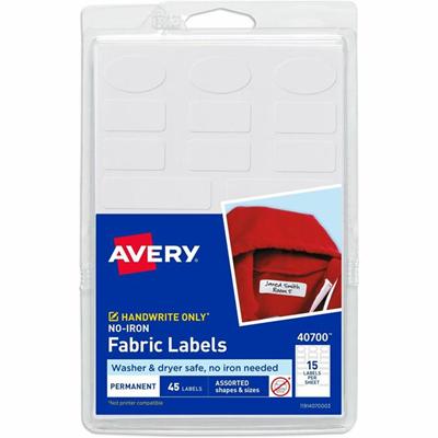 Avery&reg; No-Iron Clothing Labels - Assorted Shapes & Sizes - Waterproof - Permanent Adhesive - Assorted - Matte - White - Film - Permanent Adhesive, Durable, Washing Resistant, Dryer Safe, Stick & Stay, Long Lasting - 15 / Sheet - 3 Total Sheets - 