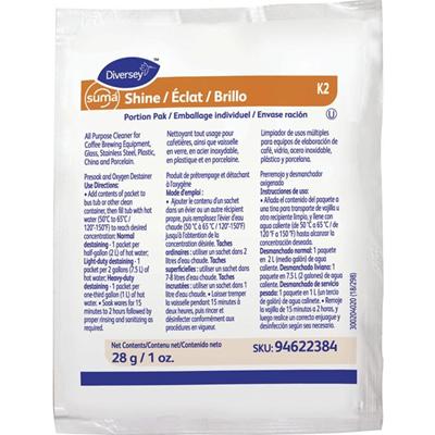Diversey Suma Shine Portion Pak - For Utensil - 0.99 oz (0.06 lb) - Recommended For: Coffee Remover, Tea Remover, Cocoa Remover, Milk Remover - Fragrance-free - White - 100 / Carton
