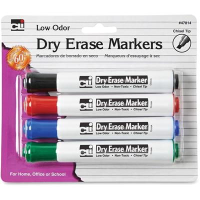Charles Leonard Chisel Tip Dry Erase Markers - Chisel Marker Point - Black, Blue, Red, Green Ink - 4 / Pack