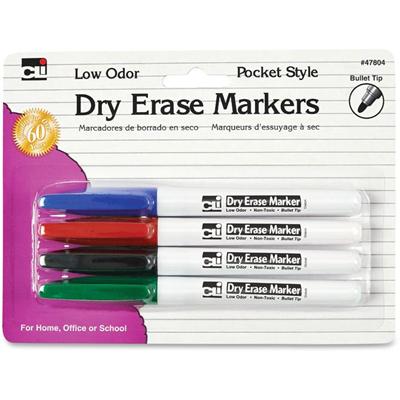Charles Leonard Low Odor Dry Erase Markers - Fine Bullet Marker Point - Black, Blue, Red, Green Ink - 4 / Pack