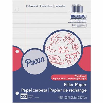 Pacon Wide Ruled Filler Paper - 200 Sheets - Wide Ruled Front Ruling - 0.37" Ruled - Red Margin - 3 Hole(s) - 8" x 10 1/2" Sheet Size - White Paper - Smooth, Punched - 1 Pack