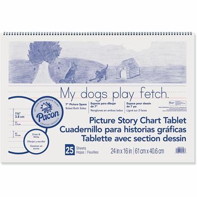 Pacon Ruled Picture Story Chart Tablet - 25 Sheets - Spiral Bound - Both Side Ruling Surface - Ruled Front Ruling - 1.50" Ruled - 7" Picture Story Space - 24" x 16" Sheet Size - White Paper - Punched - Recycled - 1 Each