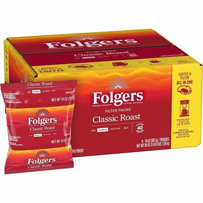 Folgers&reg; Filter Pack Classic Roast Coffee - Regular - Classic - 1.4 oz - Filter Pack - 40 / Carton