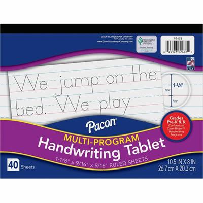 Pacon Multi-Program Handwriting Tablet - 40 Sheets - Both Side Ruling Surface - Ruled Front Ruling - 1.13" Ruled - 10 1/2" x 8" Sheet Size - White Paper - Assorted Cover - Chipboard Backing, Recyclable, Film-wrapped - 1 Each
