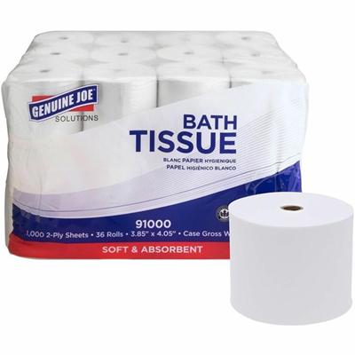 Genuine Joe Solutions Double Capacity Bath Tissue - 2 Ply - 1000 Sheets/Roll - 45/64" Core - White - Virgin Fiber - 36 / Carton