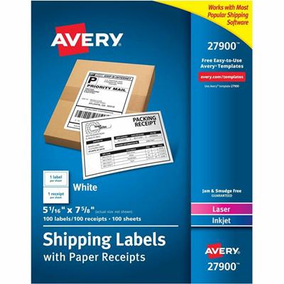Avery&reg; Shipping Labels with Receipt, 5-1/16" x 7-5/8" 100 Count (27900) - 7 5/8" Length - Permanent Adhesive - Rectangle - Laser, Inkjet - White - Paper - Permanent Adhesive, Smudge-free, Jam-free - 1 / Sheet - 100 Total Sheets - 100 Total Label(