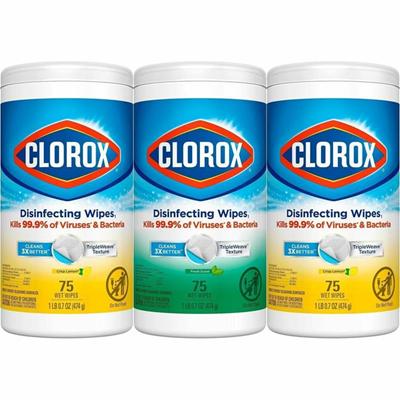 Clorox Disinfecting Bleach Free Cleaning Wipes Value Pack - Ready-To-Use - Fresh, Crisp Lemon Scent - 12" Length x 12" Width - Pre-moistened - White - 75/Tub - 3 / Pack