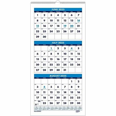 House of Doolittle Three-month Vertical Academic Wall Calendar - Academic - Julian Dates - Monthly - 14 Month - June 2025 to July 2026 - 3 Month Single Page Layout - Wire Bound - Teal - Paper - 8" Height x 17" Width - Reference Calendar - 1 Each