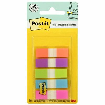 Post-it&reg; Flags in On-the-Go Dispenser - Bright Colors - 100 x Assorted - 1/2" Flag/Note Width x 1 3/4" Flag/Note Length - Orange, Purple, Green, Blue, Pink - Removable - 100 / Pack