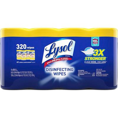 Lysol 4-pack Disinfecting Wipes - Lemon Lime Scent - Pre-moistened, Antibacterial, Disinfectant - White - 80/Tub - 4 / Pack