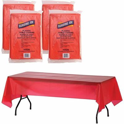 Genuine Joe Plastic Rectangular Table Covers - 108" Length x 54" Width - Plastic - Red - 6/Pack - 4 / Carton