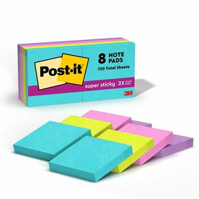 Post-it&reg; Super Sticky Notes - Supernova Neons Color Collection - 720 x Multicolor - 2" Flag/Note Width x 2" Flag/Note Length - Rectangle - 90 Sheets per Pad - Aqua Splash, Acid Lime, Tropical Pink, Iris Infusion - Paper - Self-adhesive, Recyclabl