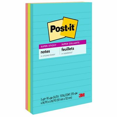 Post-it&reg; Super Sticky Notes - Supernova Neons Color Collection - 270 x Multicolor - 4" Flag/Note Width x 6" Flag/Note Length - Rectangle - 90 Sheets per Pad - Ruled - Aqua Splash, Acid Lime, Guava - Paper - Self-adhesive, Recyclable - 3 / Pack