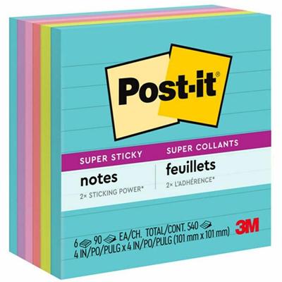 Post-it&reg; Super Sticky Lined Notes - Supernova Neons Color Collection - 540 x Multicolor - 4" Flag/Note Width x 4" Flag/Note Length - Rectangle - 90 Sheets per Pad - Ruled - Aqua Splash, Acid Lime, Guava, Tropical Pink, Iris Infusion - Paper - Sel