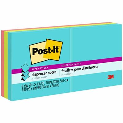 Post-it&reg; Super Sticky Dispenser Notes - Supernova Neons Color Collection - 540 x Multicolor - 3" Flag/Note Width x 3" Flag/Note Length - Rectangle - 90 Sheets per Pad - Aqua Splash, Acid Lime, Guava - Paper - Self-adhesive, Removable, Recyclable 