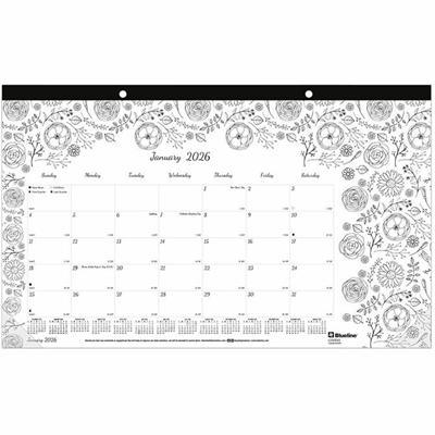 Blueline DoodlePlan Compact Desk Pad - Botanica - Monthly - January 2026 to December 2026 - 1 Month Single Page Layout - Desk Pad - White - Chipboard - 10.9" Height x 17.8" Width - Tear-off, Notes Area, Eco-friendly, Eyelet - 1 Each