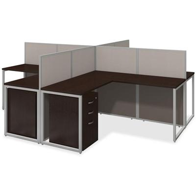 Bush Business Furniture Easy Office 60W 4 Person L Desk Open Office w/3-Drawer Pedestlas - Mocha Cherry L-shaped Top - 3 Drawers - 119.09" Table Top Width x 119.09" Table Top Depth - 44.88" Height - Assembly Required - Light Gray, Storm Gray - Fabric