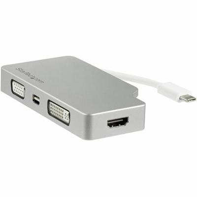 StarTech.com 4-in-1 USB-C Multiport Video Adapter - Aluminum - 4K 30Hz - Silver - 1 x 24-pin Type C USB Male - 1 x Mini DisplayPort DisplayPort 1.2 Digital Audio/Video Female, 1 x 15-pin HD-15 VGA Female, 1 x 25-pin DVI-D (Dual-Link) Digital Video Fe