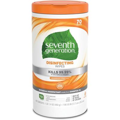 Seventh Generation Disinfecting Cleaner - For Multi Surface - Wipe - Lemongrass Citrus Scent - 8" Length x 7" Width - Recommended For: Odor Remover, Germs Remover - Deodorize - 70/Tub - 6 / Carton