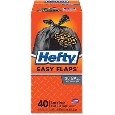 Hefty Easy Flaps 30-gallon Large Trash Bags - Large Size - 30 gal Capacity - 33" Length x 30" Width x 0.85 mil (22 Micron) Thickness - Drawstring Closure - Black - Can - Recycled - 40/Box - 6 / Carton