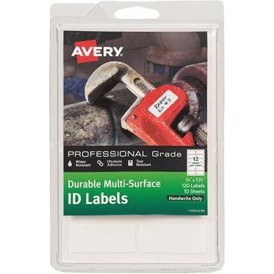 Avery&reg; ID Labels - - HeightPermanent Adhesive - Rectangle - White - Film - Water Resistant - 12 / Sheet - 10 Total Sheets - 120 Total Label(s) - 1 Pack