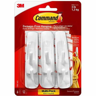 Command Medium Utility Hooks with Adhesive Strips - 3 lb (1.36 kg) Capacity - for Paint, Wood, Tile - White - 1 Pack