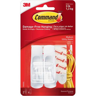 Command Strip Adhesive Hooks - 3 lb (1.36 kg) Capacity - for Home, Office - White - 2 / Pack
