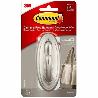 Command Traditional Hook - Large - 5 lb (2.27 kg) Capacity - for Decoration - Plastic - Metallic Silver - Brushed Nickel - 1 Pack