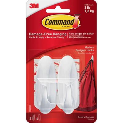 Command Adhesive Medium Designer Hooks - 3 lb (1.36 kg) Capacity - Plastic - White - 2 / Pack