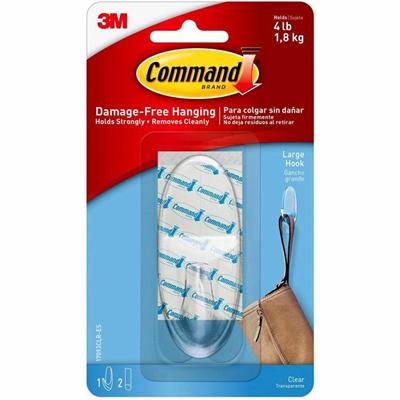 Command Large Hook with Clear Strips - 4 lb (1.81 kg) Capacity - 1.4" Width x 3.4" Length - for Decoration - Plastic - Clear - 1 Pack