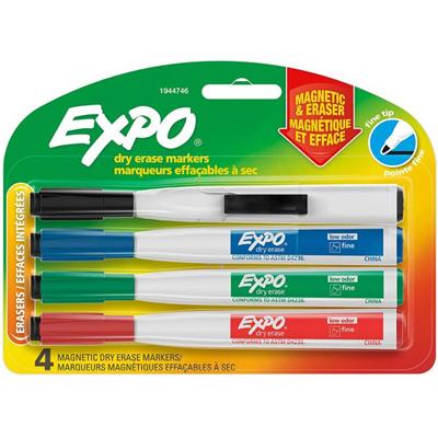 Expo Eraser Cap Fine Magnetic Dry Erase Markers - Medium, Fine, Broad Marker Point - Assorted Ink - 4 / Pack