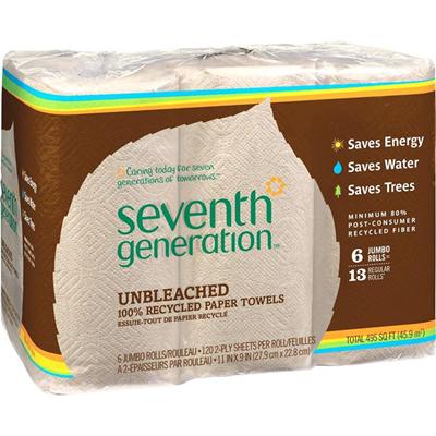 Seventh Generation 100% Recycled Paper Towels - 2 Ply - 11" Width x 9" Length - 120 Sheets/Roll - Natural - Paper - 6/Pack - 4 / Carton