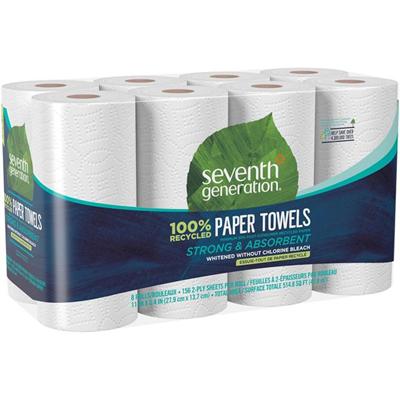 Seventh Generation 100% Recycled Paper Towels - 2 Ply - 156 Sheets/Roll - White - PaperPack - 8/Pack - 4 / Carton