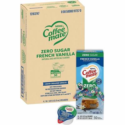 Coffee mate Zero-Sugar French Vanilla Nondairy Liquid Creamer Singles - French Vanilla Flavor - 0.38 fl oz (11 mL) - 200 Serving - 50/Box - 4 / Carton