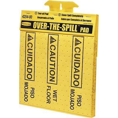 Rubbermaid Commercial Bilingual Over-The-Spill Pads - Print/Message "Caution Wet Floor" , "cuidado Piso Mojado" - 12.6" Width x 16.5" Height x 16" Depth - Wall Mountable - Strong, Absorbent, Portable - Plastic, Polypropylene - Yellow - 22/Pack - 12 /