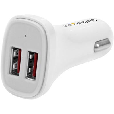 StarTech.com Dual Port USB Car Charger - White - High Power 24W/4.8A - 2 Port USB Car Charger - 24 W - 12 V DC, 24 V DC Input - 5 V DC Output - 4.80 A - 1 Each