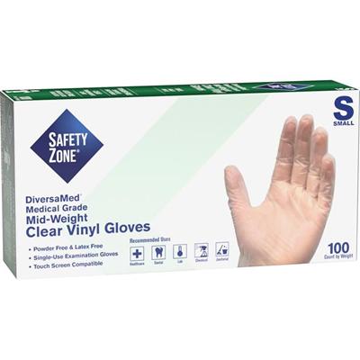 Safety Zone Powder Free Clear Vinyl Gloves - 9.25" Glove Length - Small Size - Unisex - Clear - Latex-free, Comfortable, Allergen-free, Silicone-free, DINP-free, DEHP-free - For General Purpose, Cleaning, Food, Janitorial Use, Cosmetics, Painting, Pe