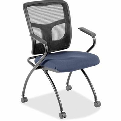 Lorell Ergomesh Nesting Chairs with Arms - Dillon Ocean Seat Color - Vinyl Seat Material - Black Back Color - Mesh Back Material - Gray Frame Color - Powder Coated Metal Frame Material - Four-legged Base - Armrest - 2 / Carton