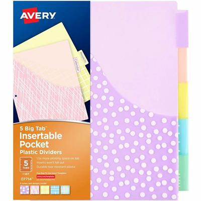 Avery&reg; Big Tab Plastic Dividers with Pockets, 5-Tab (07714 - 5 x Divider(s) - 5 - 5 Tab(s)/Set - 9.3" Divider Width x 11.25" Divider Length - 3 Hole Punched - Multicolor Plastic Divider - Plastic Tab(s) - PVC-free, Hole-punched, Insertable, Custo
