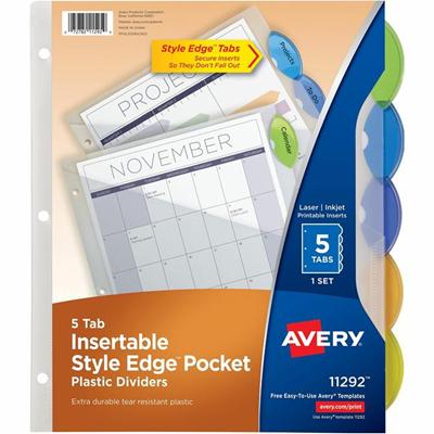 Avery&reg; Insertble Style Edge Plastic Pocket Dividers - 5 x Divider(s) - 5 - 5 Tab(s)/Set - 9.3" Divider Width x 11.25" Divider Length - 3 Hole Punched - Translucent Plastic Divider - Multicolor Plastic Tab(s) - Durable, Tear Resistant, PVC-free, H