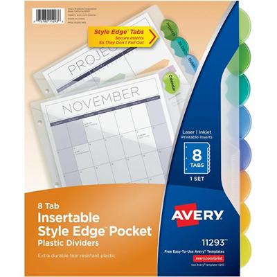 Avery&reg; Insertable Style Edge Plastic Dividers with Pockets, 8-tab - 8 x Divider(s) - 8 - 8 Tab(s)/Set - 9.3" Divider Width x 11.25" Divider Length - 3 Hole Punched - Translucent Plastic Divider - Multicolor Plastic Tab(s) - Durable, Tear Resistan