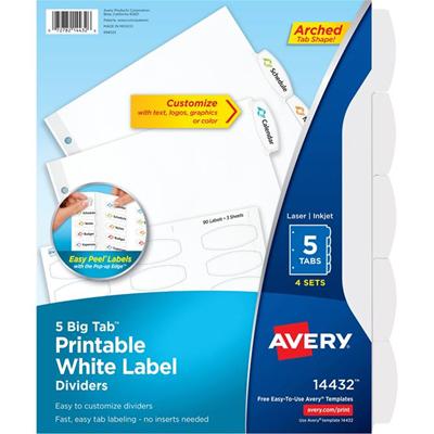 Avery&reg; Big Tab Printable Label Dividers, Easy Peel Labels, 5 Tabs - 20 x Divider(s) - 5 - 5 Tab(s)/Set - 8.5" Divider Width x 11" Divider Length - 3 Hole Punched - White Paper Divider - White Paper Tab(s) - 20% Recycled - 1 Pack
